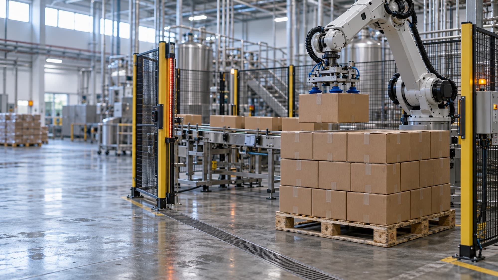 A six-axis robot places a corrugated case onto a part-built pallet load at the end of a food plant packaging line